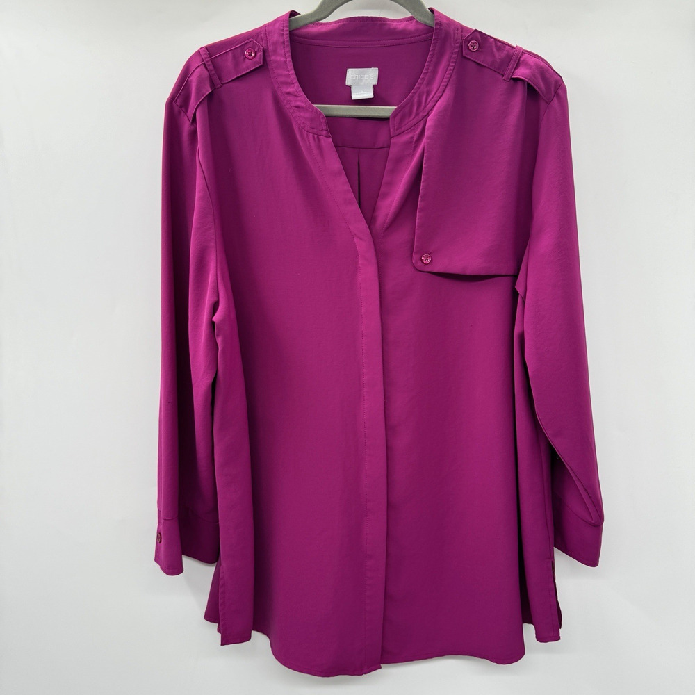 Chicos Button Up Tunic Blouse Sz 4/XXL Magenta Business Casual Corporate Relaxed